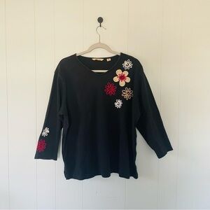 Bechamel Black Top with Colorful Floral Accents